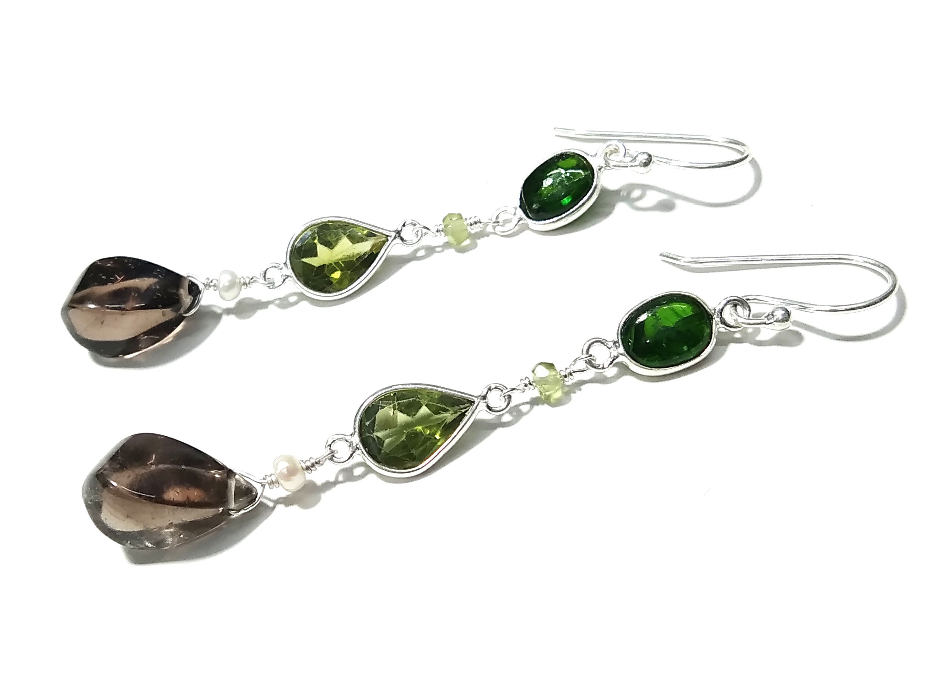 Natural Green Tourmaline/Peridot And Smoky Quartz Stone Earring, 925 Starling Silver Earring Handmade Making Jewelry Earring, Gift For Women